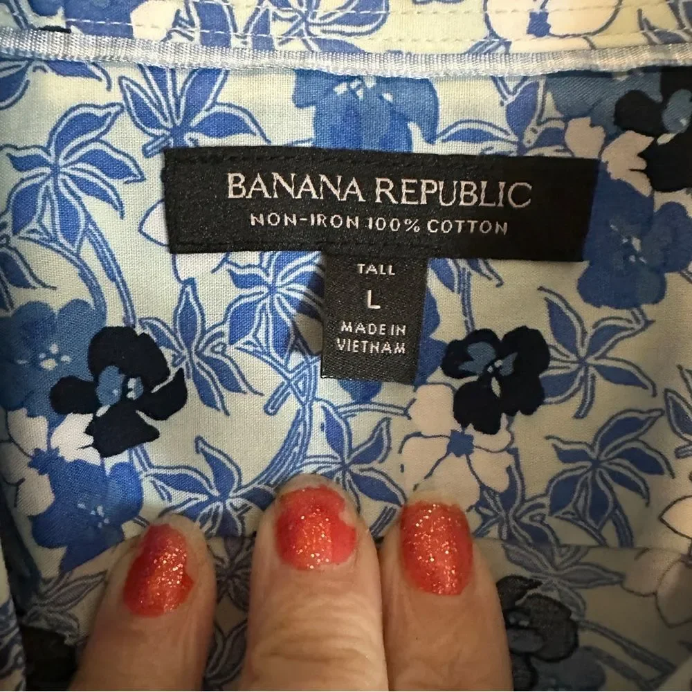 Banana Republic Slim Non-Iron ‎ Blue Floral Cotton Men's Long Sleeve Shirt Large